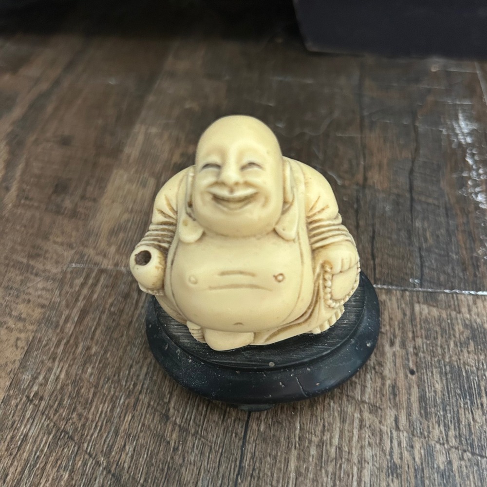 Vintage Netsuke Laughing Buddha Hotei Figurine with Black Base Character Mark
